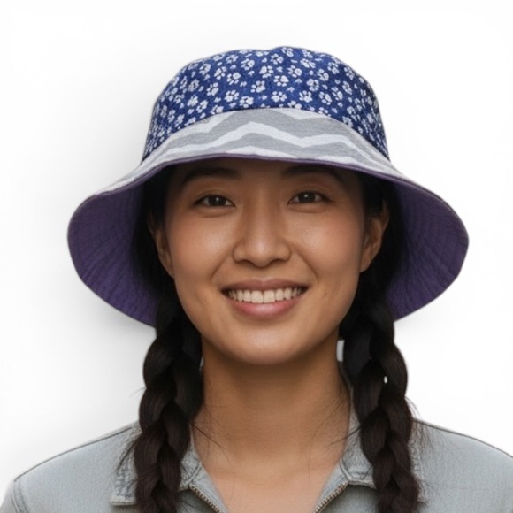 Accessories - Handmade Reversible Bucket Hat Cat Print Chevron Paw Prints Sun Hat NEW 22"